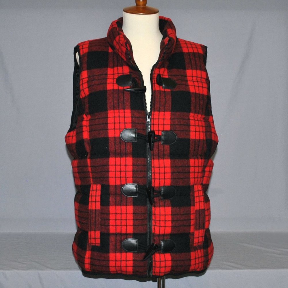 Ruff Hewn Puffy Vest Size Large Wool Blend Red & Black Plaid